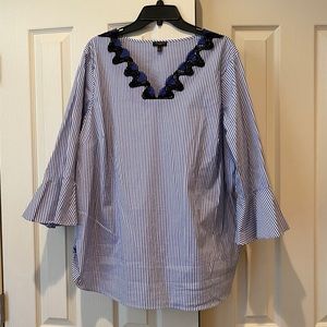 Talbots blue & white stripe blouse w neck detail